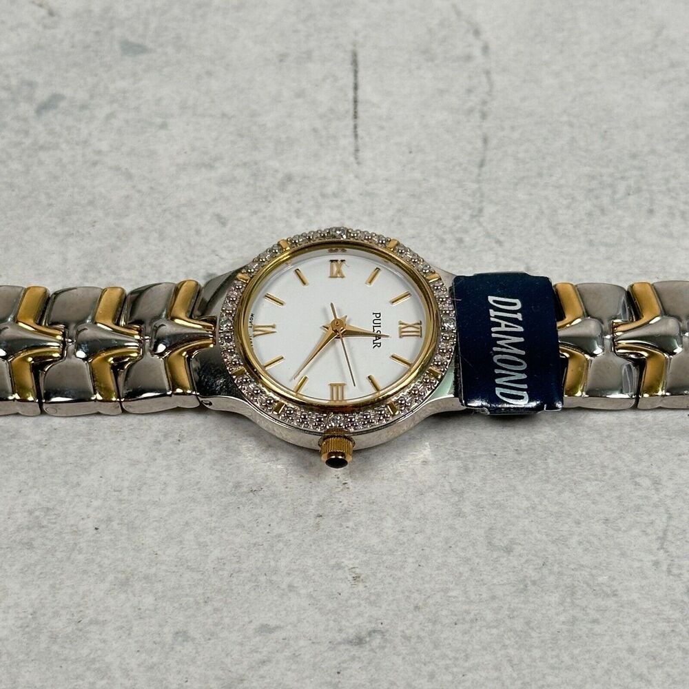 Pulsar Watch Womens 22mm Diamond Bezel White Dial Two Tone Elegant New Battery - Picture 3 of 12